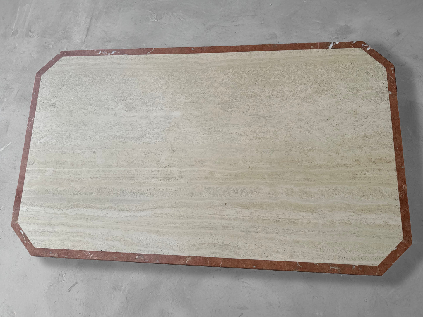 1970s Travertine Coffee Table with Pink Marble Edges