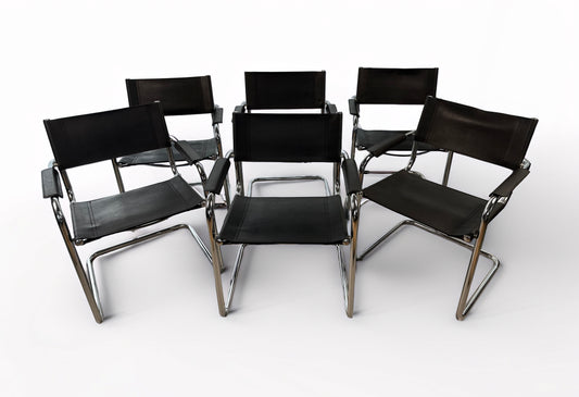 Set of 6 Vintage Cantilever Chairs in Chrome & Black
