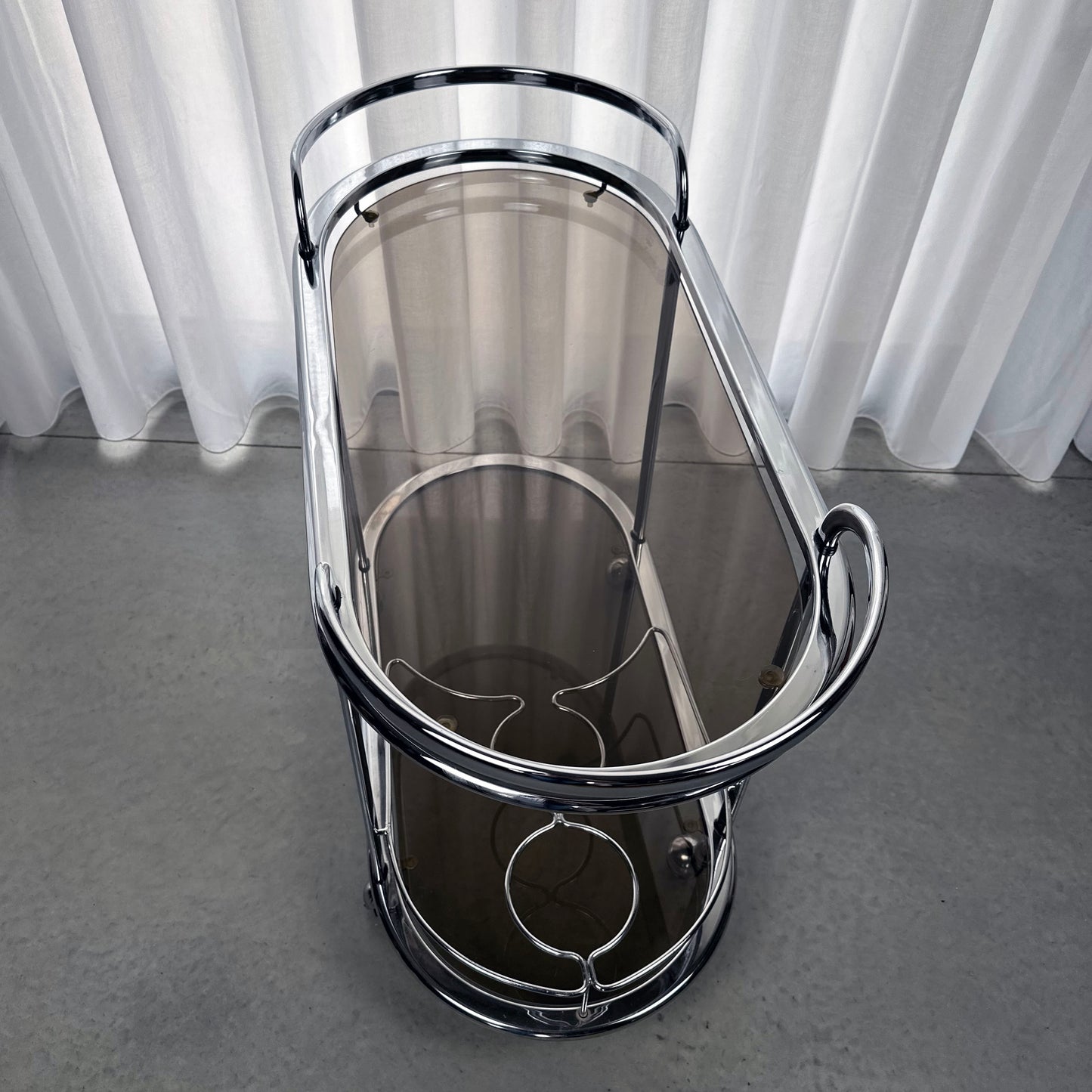 Vintage 70s chrome and glass bar cart