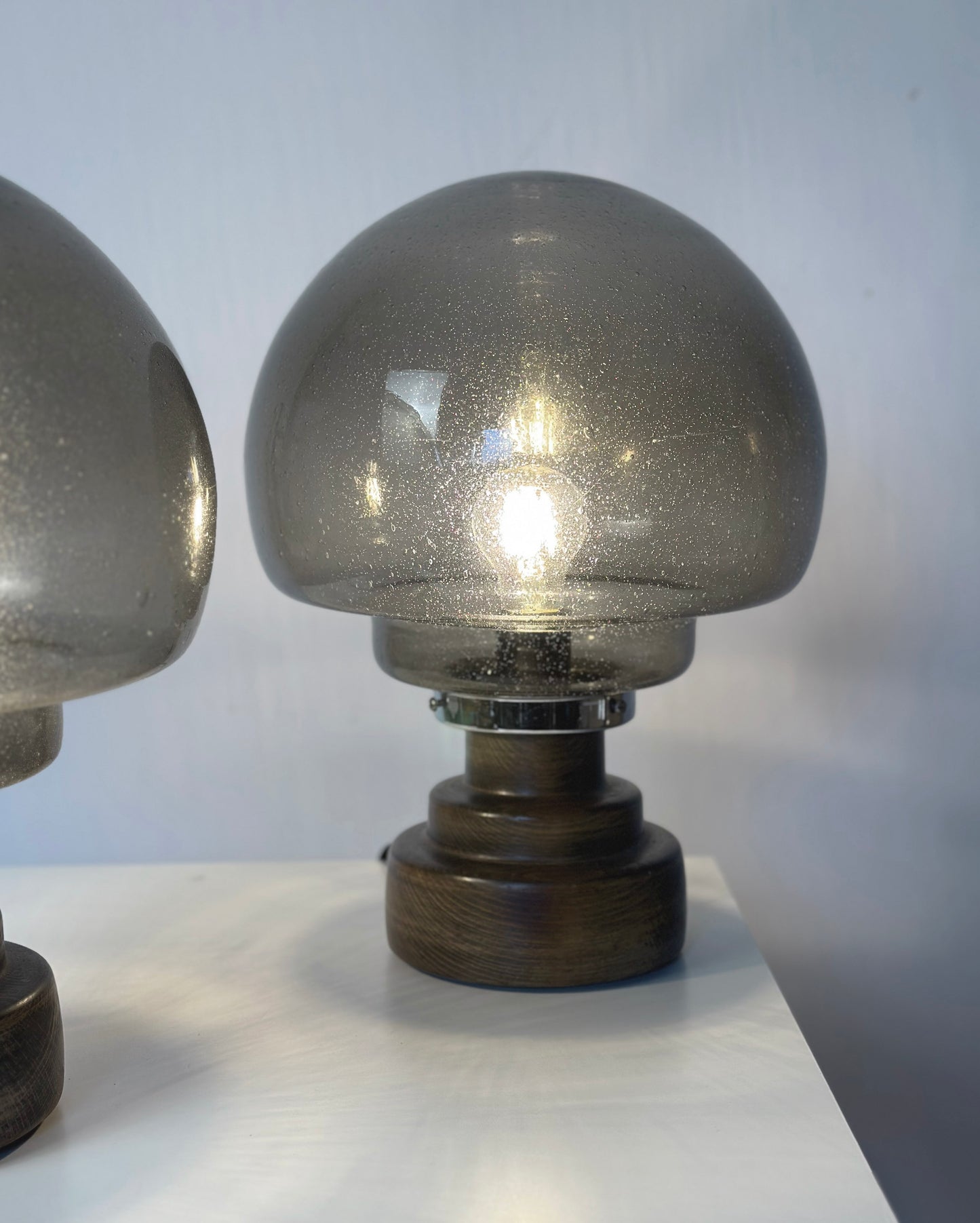 Set of 2 vintage Italian brutalist mushroom table lamps in smoked glass