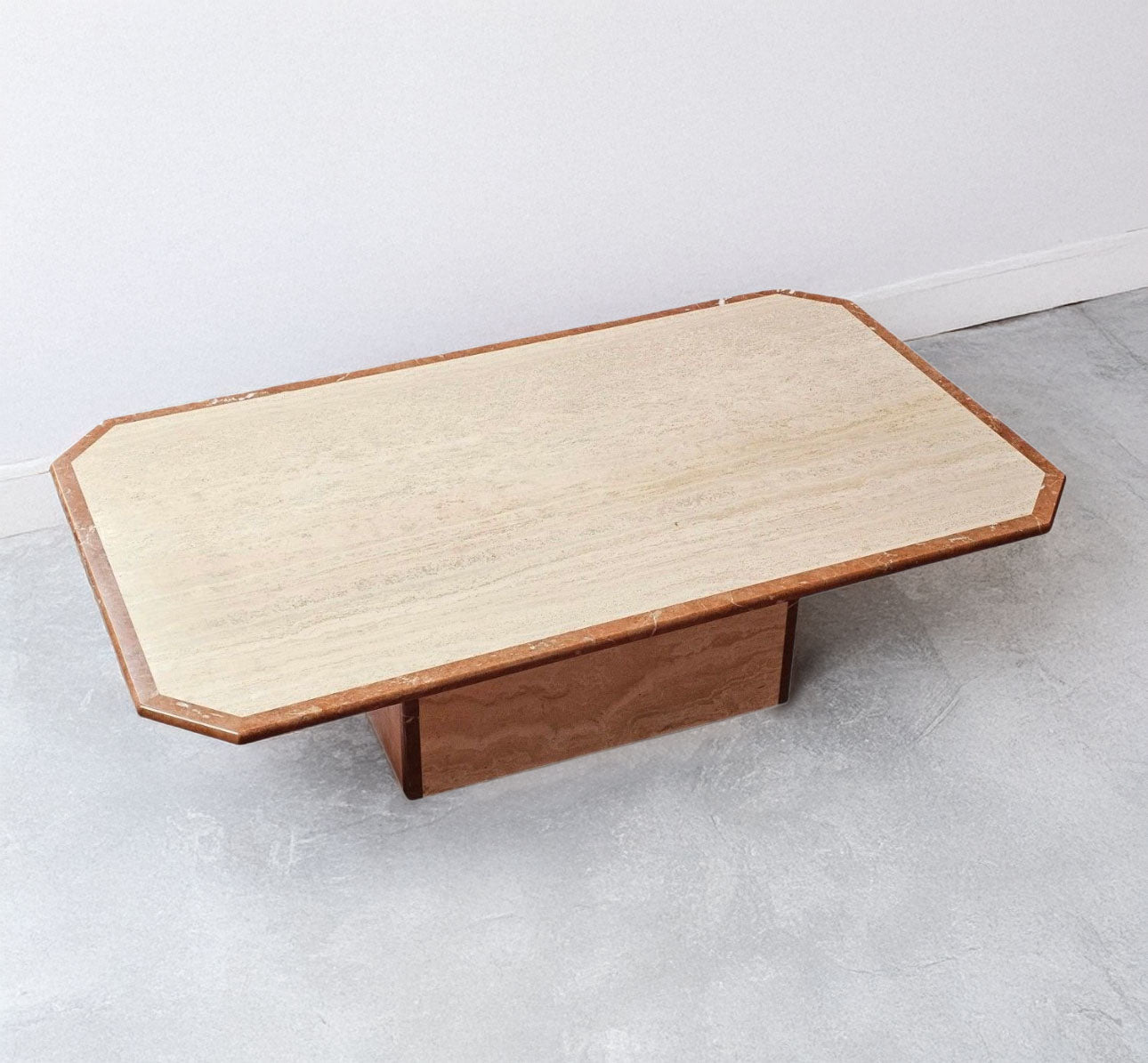 1970s Travertine Coffee Table with Pink Marble Edges