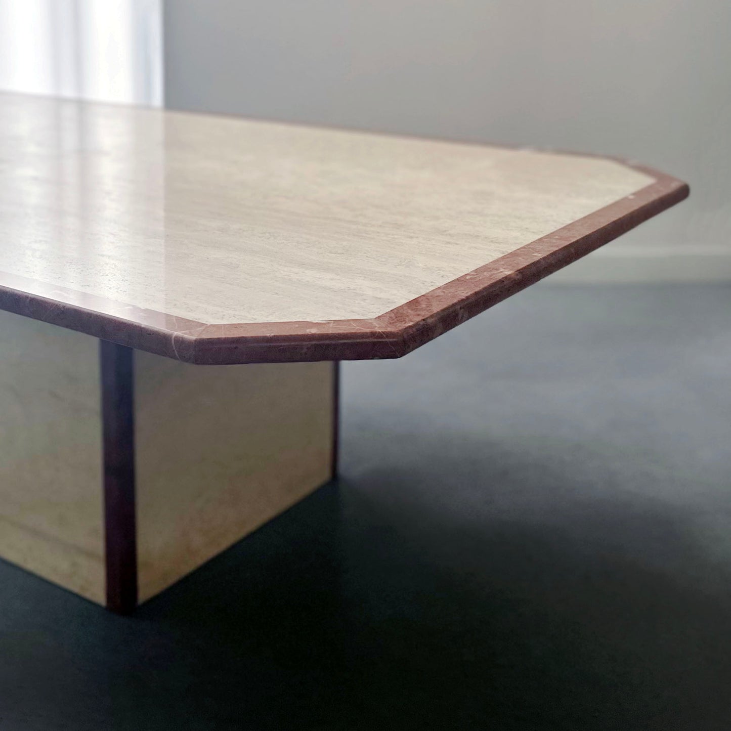 1970s Travertine Coffee Table with Pink Marble Edges